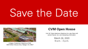 Red and white Save the Date card for CVM Open House