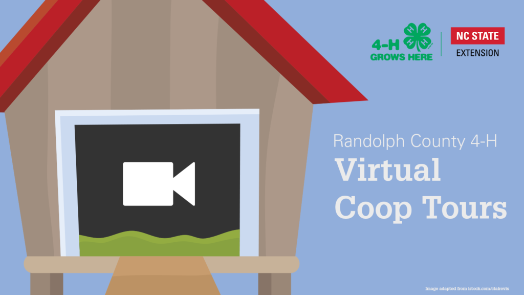 Chicken coop with video icon and text Raldolph County 4-H Virtual Coop Tours