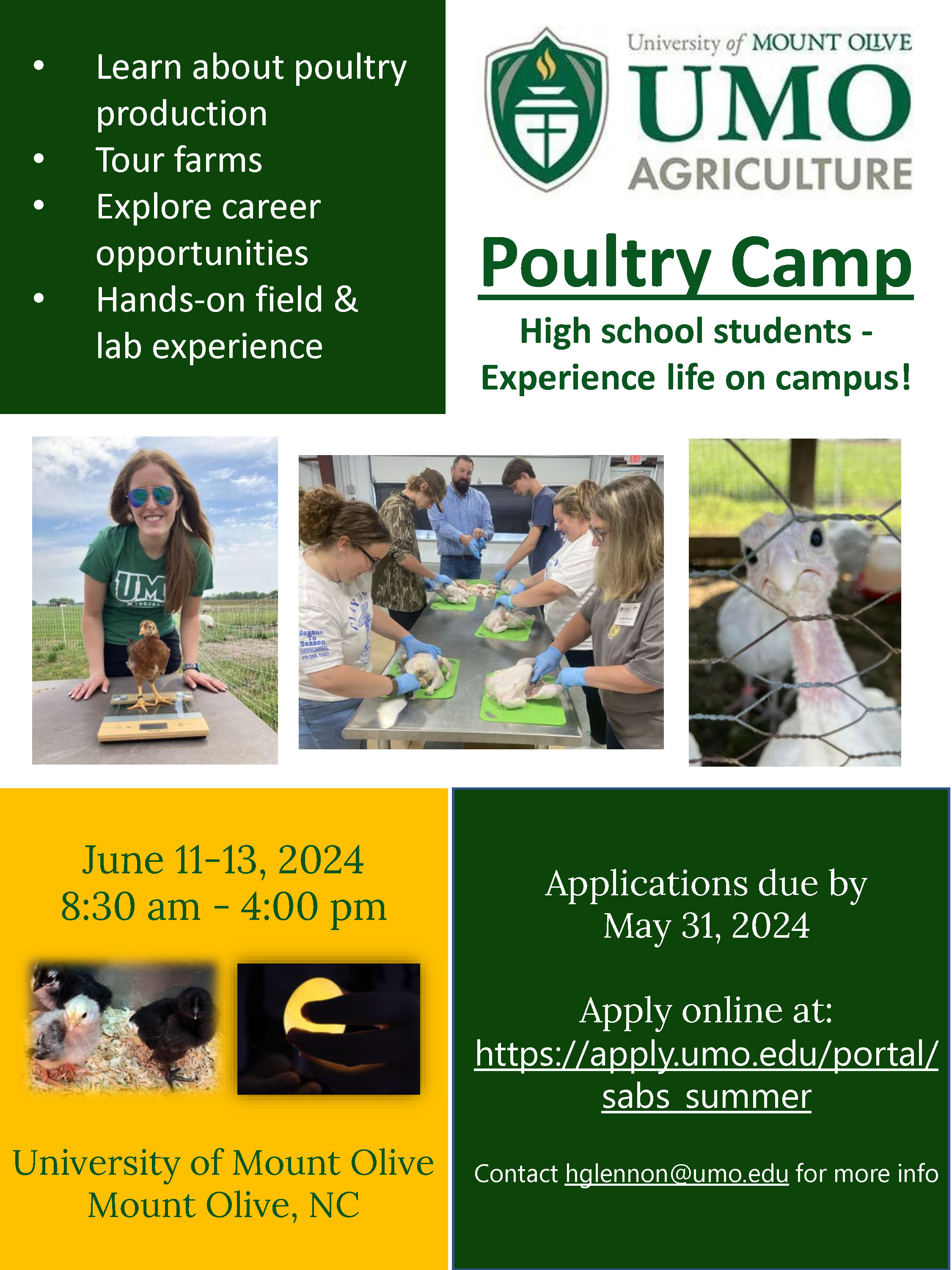 Learn about poultry production, tour farms, explore career opportunities, hands-on field and lab experience.